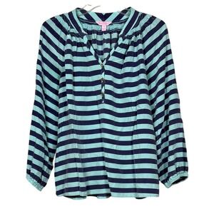 LILLY PULITZER 100% Silk Elsa Blue Striped Quarter Sleeve Blouse, Size Medium